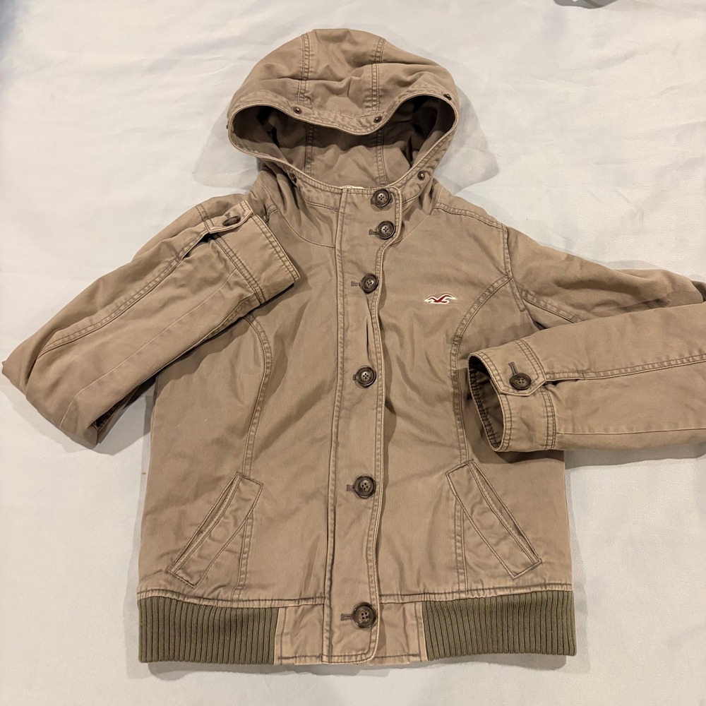 Hollister California Khaki Tan Hooded Utility Jacket Plaid Lined Women L READ